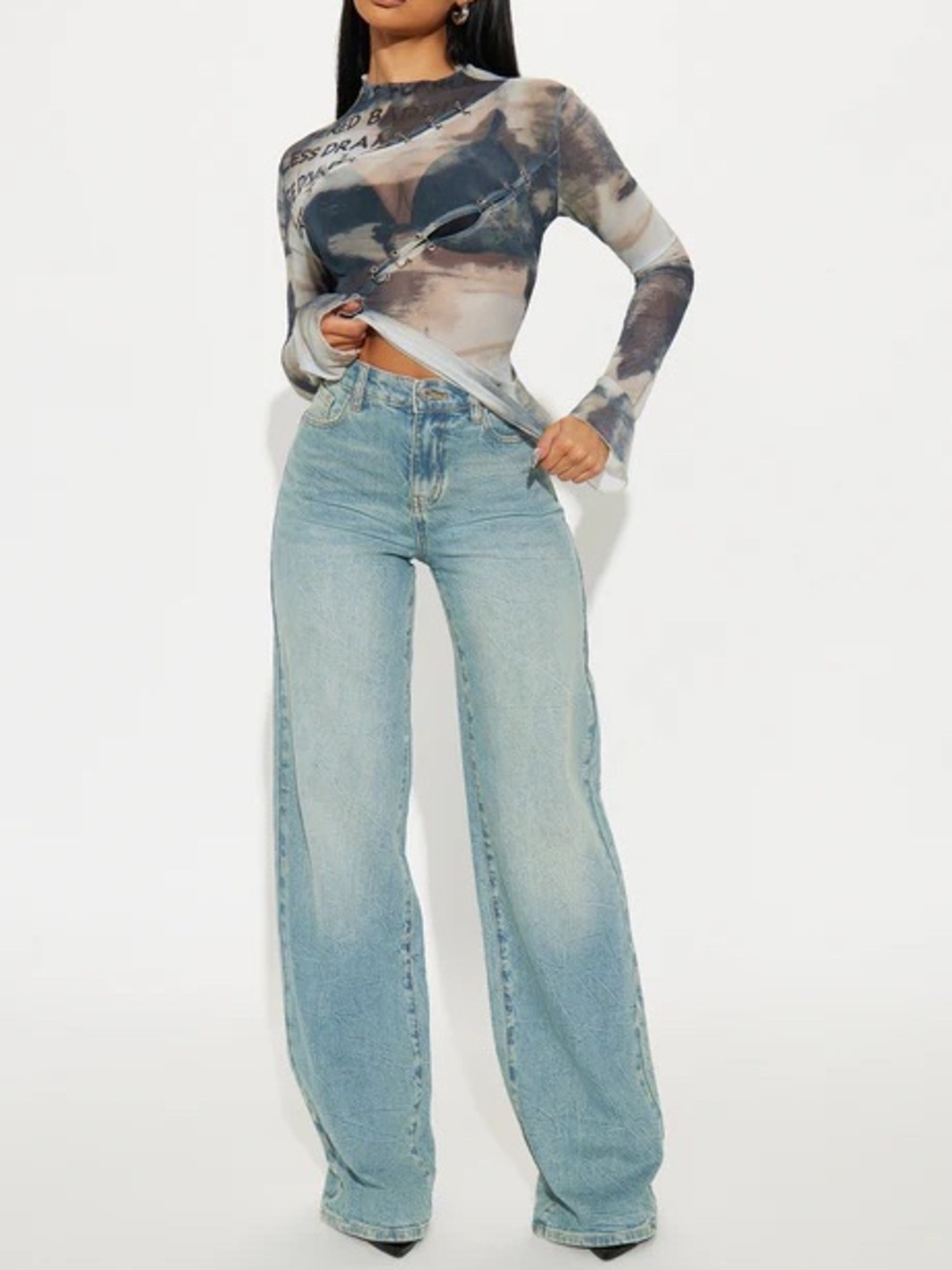 Fashion Nova Blue Wide Leg Streetwear Jeans Baggy High Rise Denim Size 1 NWT